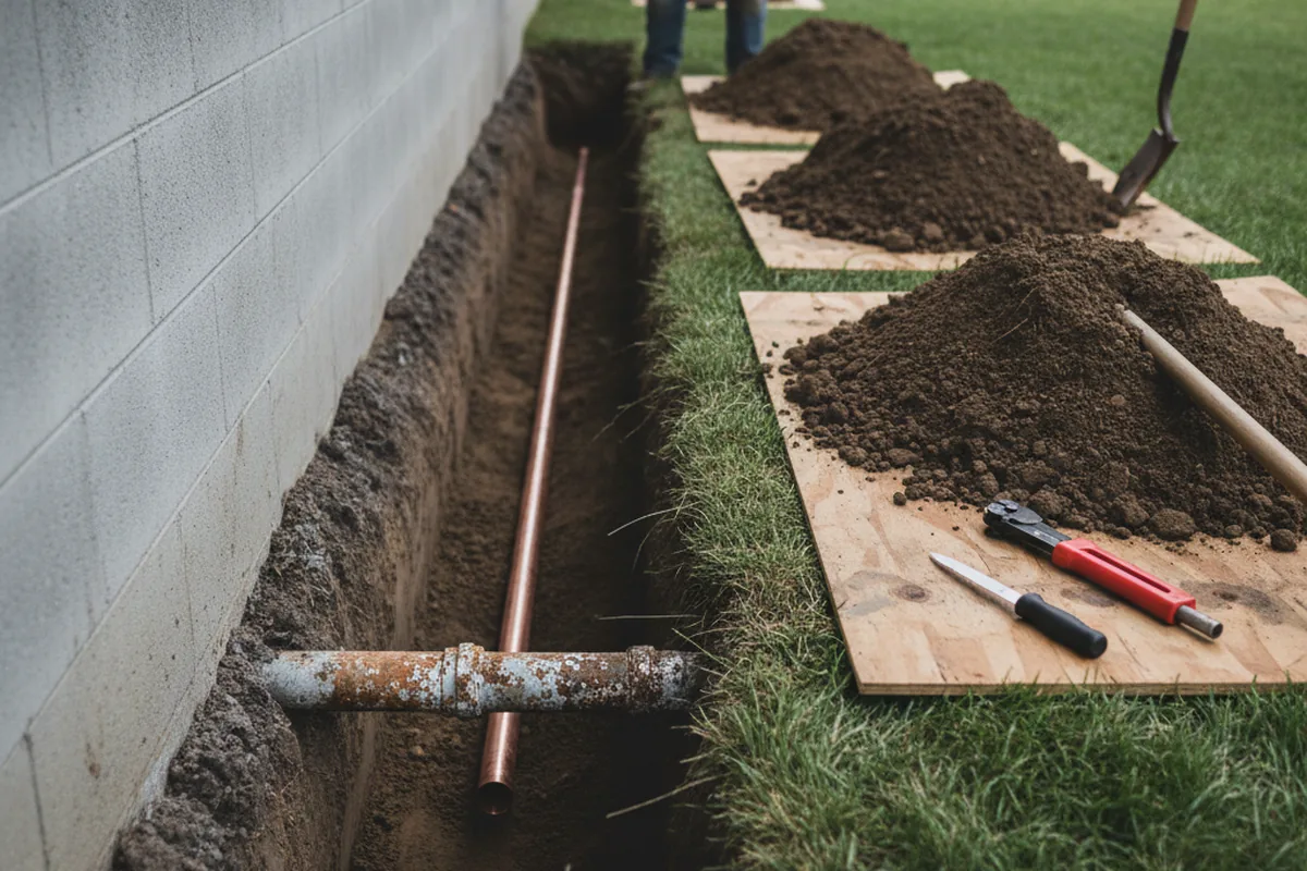 Excavated water line trench during Sewer Line Repair in West Greenwich